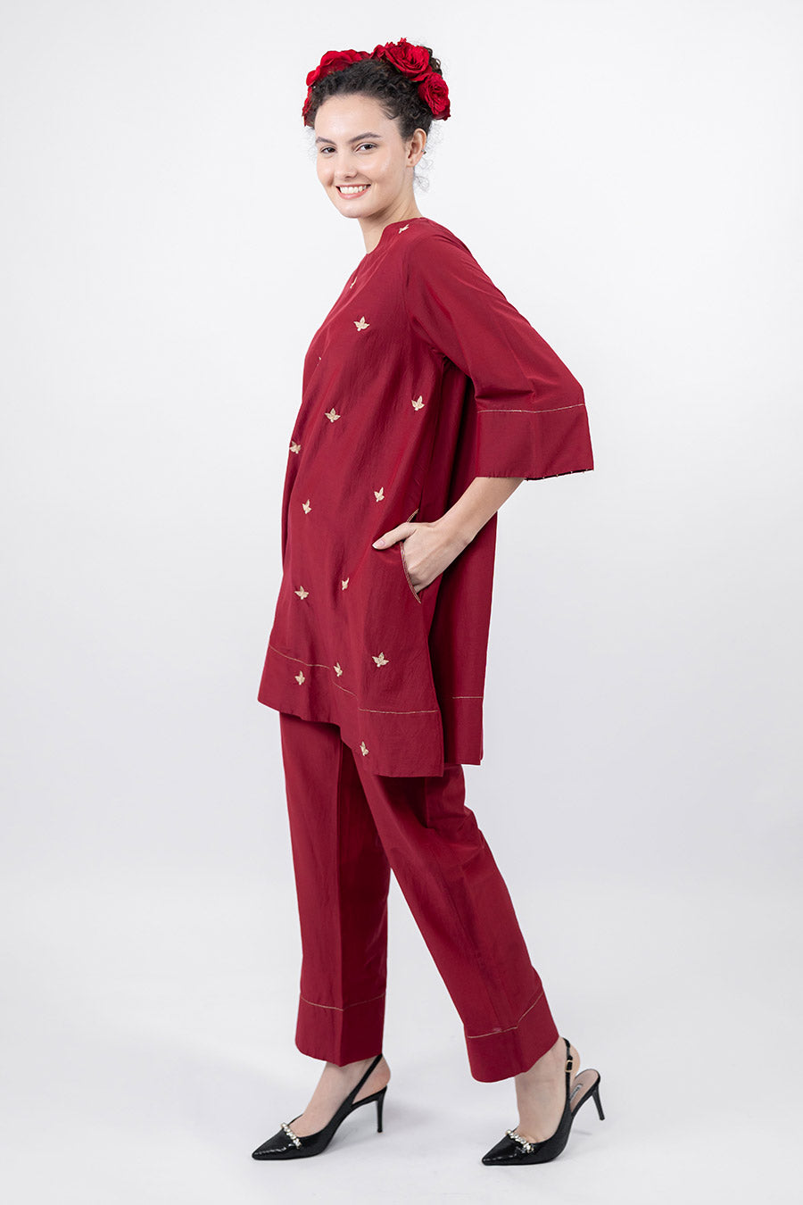 Taara Maroon Cotton Silk Embroidered Co-Ord Set