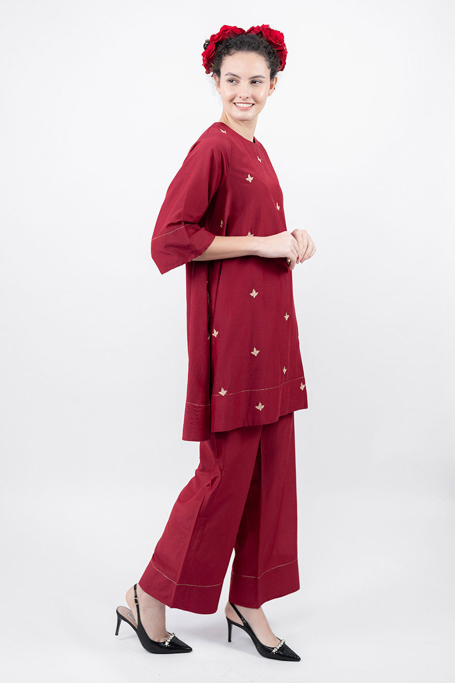 Taara Maroon Cotton Silk Embroidered Co-Ord Set