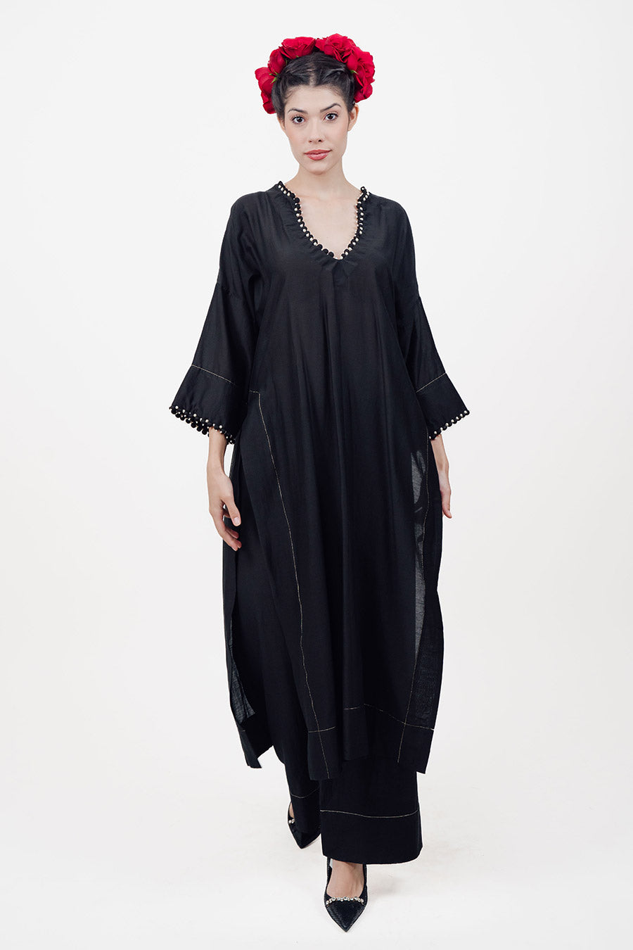 Sitaara Black Cotton Silk Kaftan Co-Ord Set