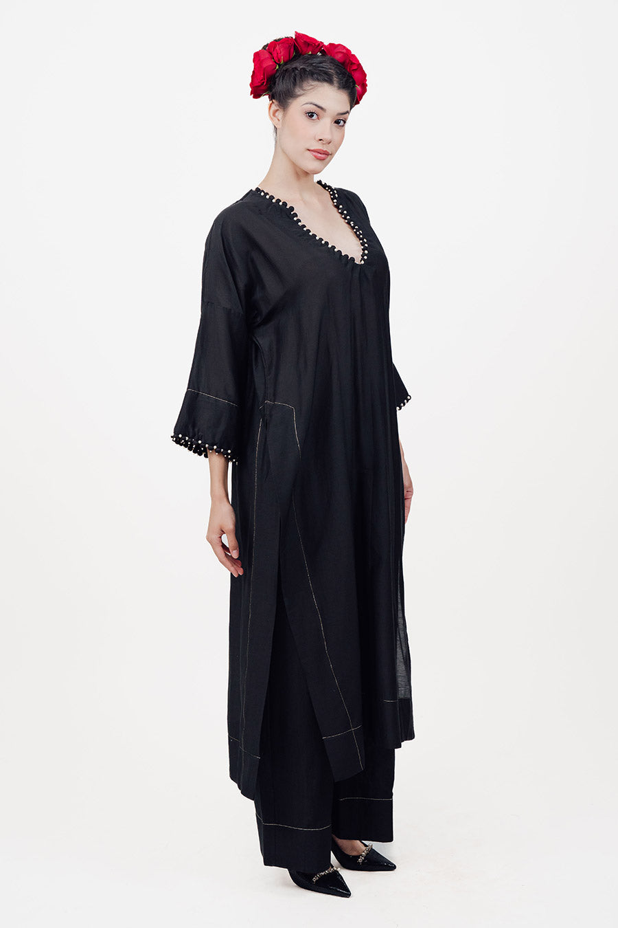 Sitaara Black Cotton Silk Kaftan Co-Ord Set
