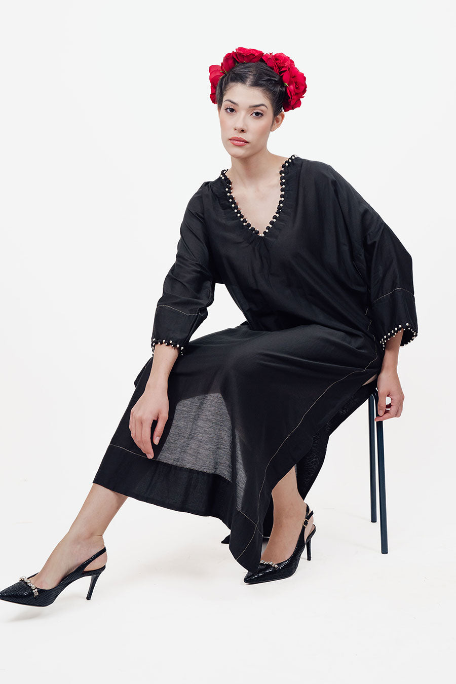 Sitaara Black Cotton Silk Kaftan Co-Ord Set