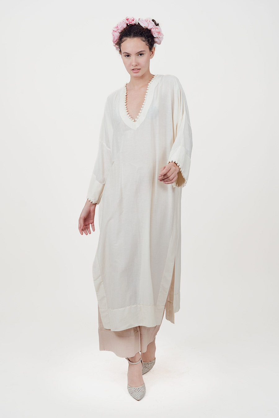 Sitaara Ivory Cotton Silk Kaftan Co-Ord Set