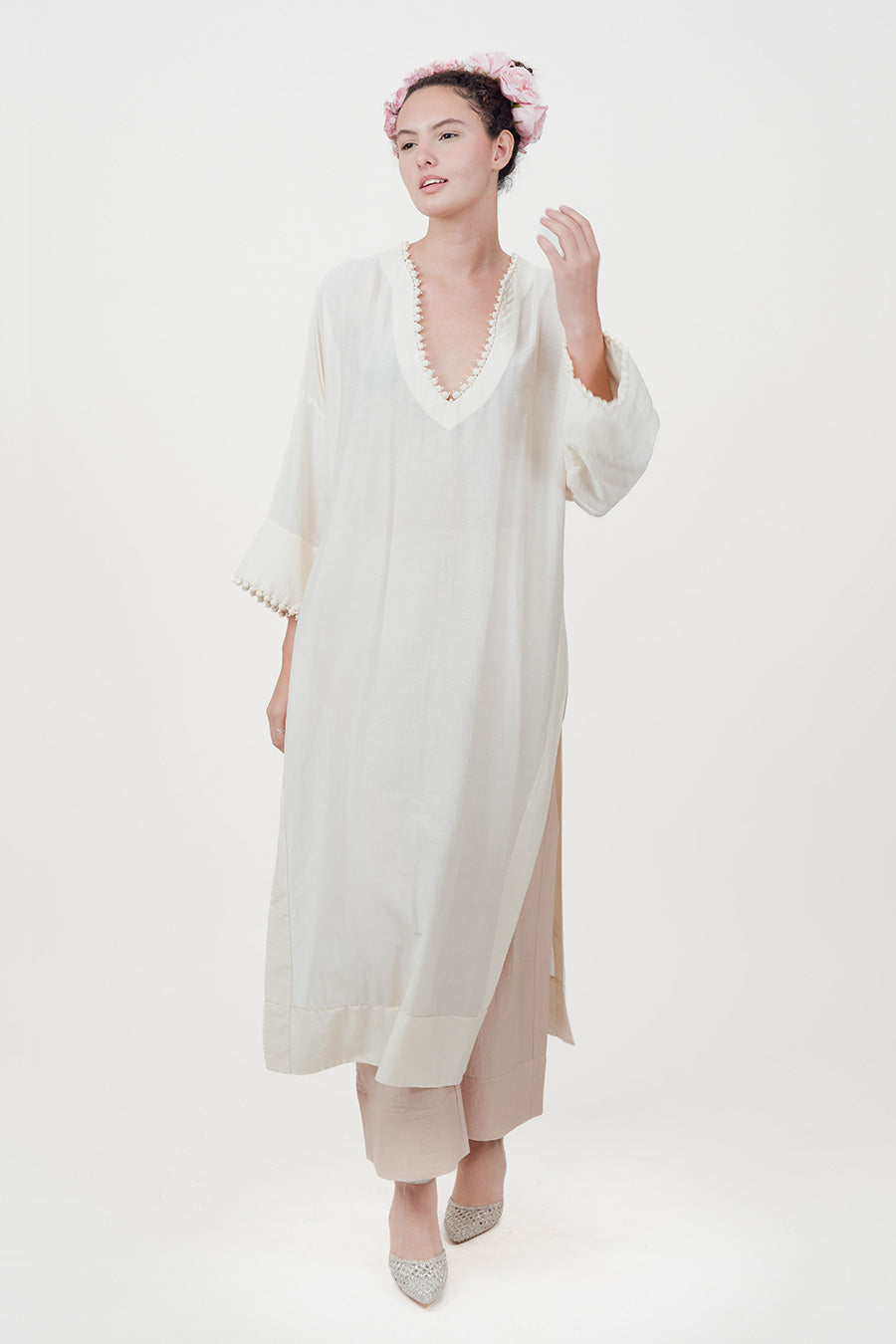 Sitaara Ivory Cotton Silk Kaftan Co-Ord Set