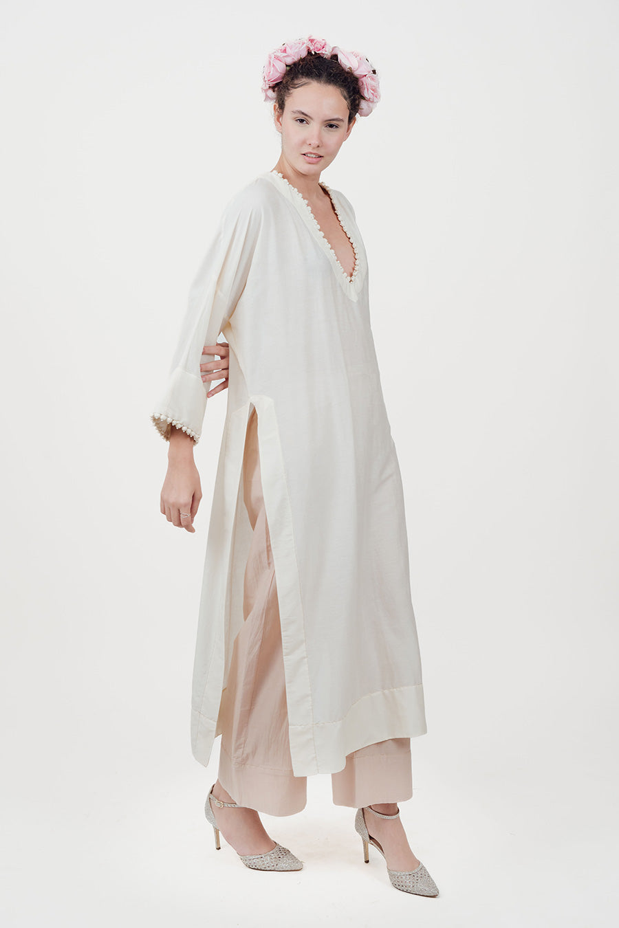 Sitaara Ivory Cotton Silk Kaftan Co-Ord Set