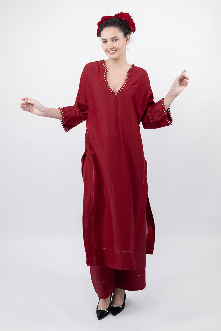 Sitaara Maroon Cotton Silk Kaftan Co-Ord Set