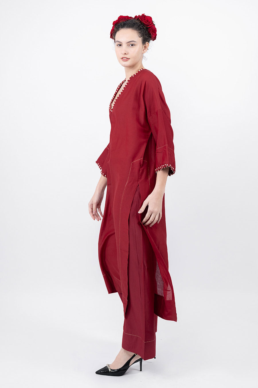Sitaara Maroon Cotton Silk Kaftan Co-Ord Set
