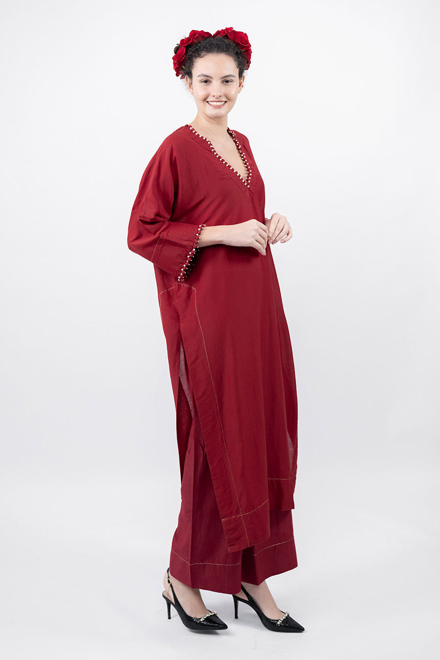 Sitaara Maroon Cotton Silk Kaftan Co-Ord Set