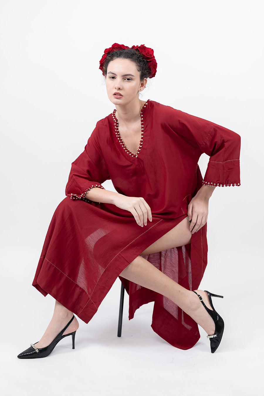 Sitaara Maroon Cotton Silk Kaftan Co-Ord Set