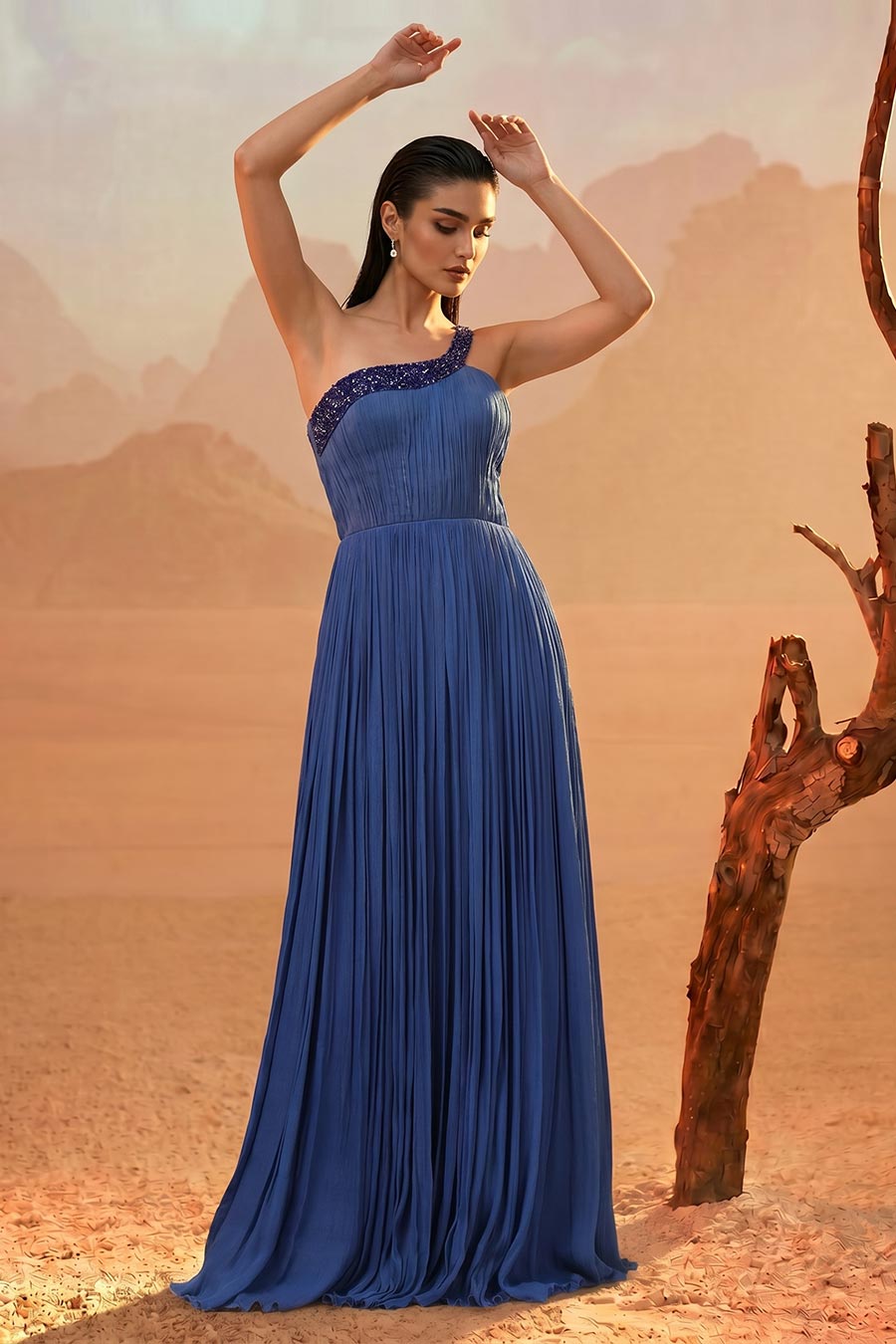 Blue Embroidered One-Shoulder Pleated Gown