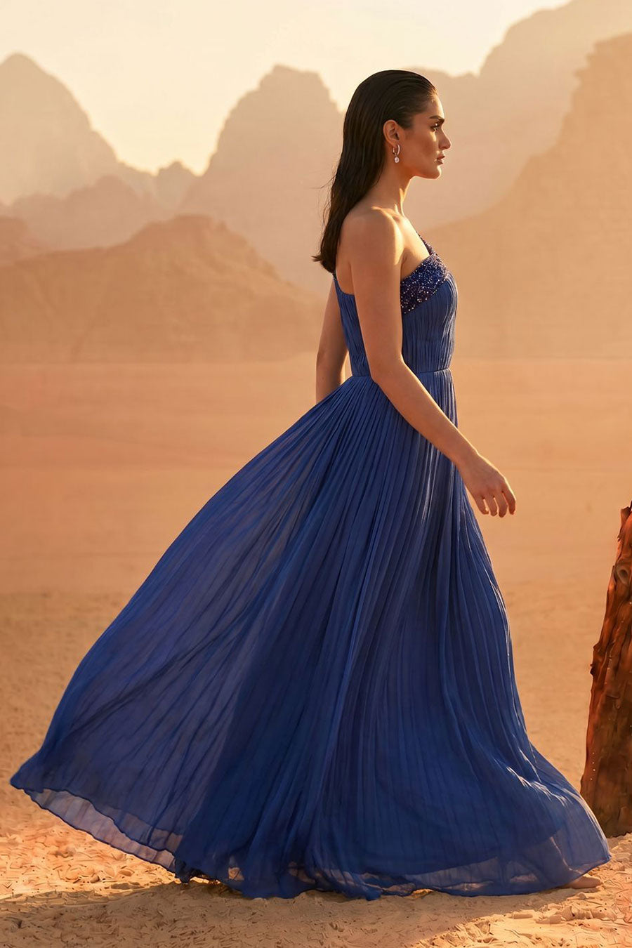 Blue Embroidered One-Shoulder Pleated Gown