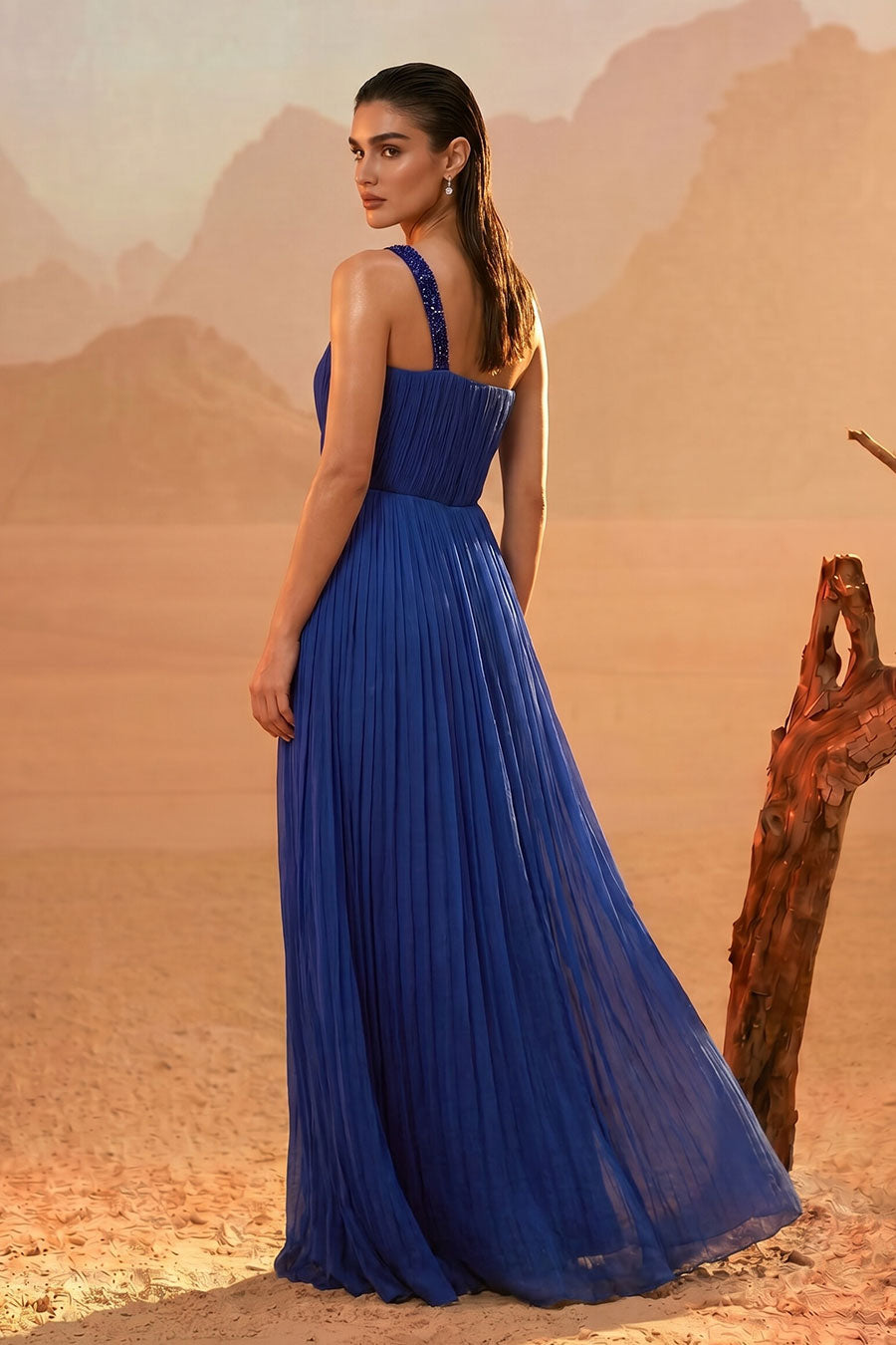 Blue Embroidered One-Shoulder Pleated Gown