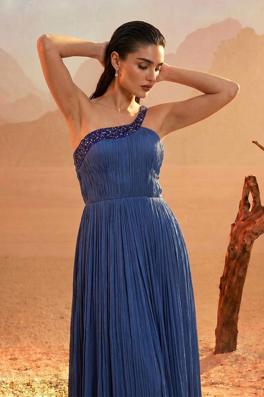 Blue Embroidered One-Shoulder Pleated Gown