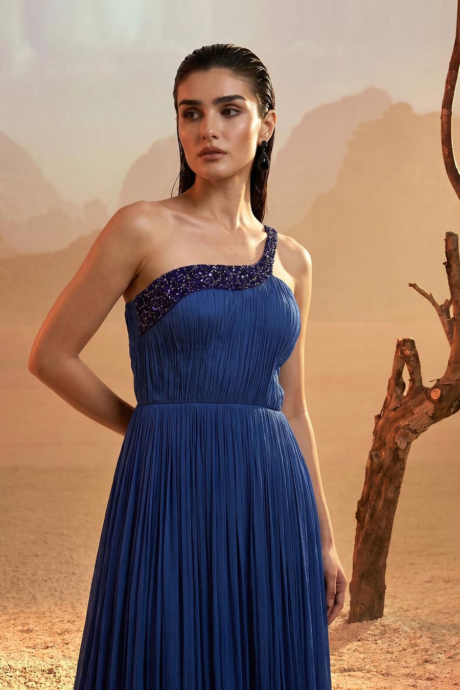 Blue Embroidered One-Shoulder Pleated Gown