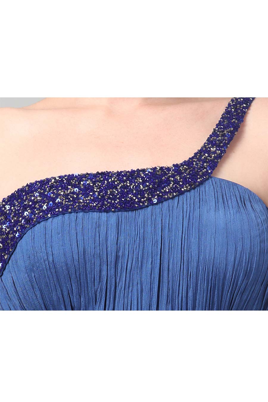 Blue Embroidered One-Shoulder Pleated Gown