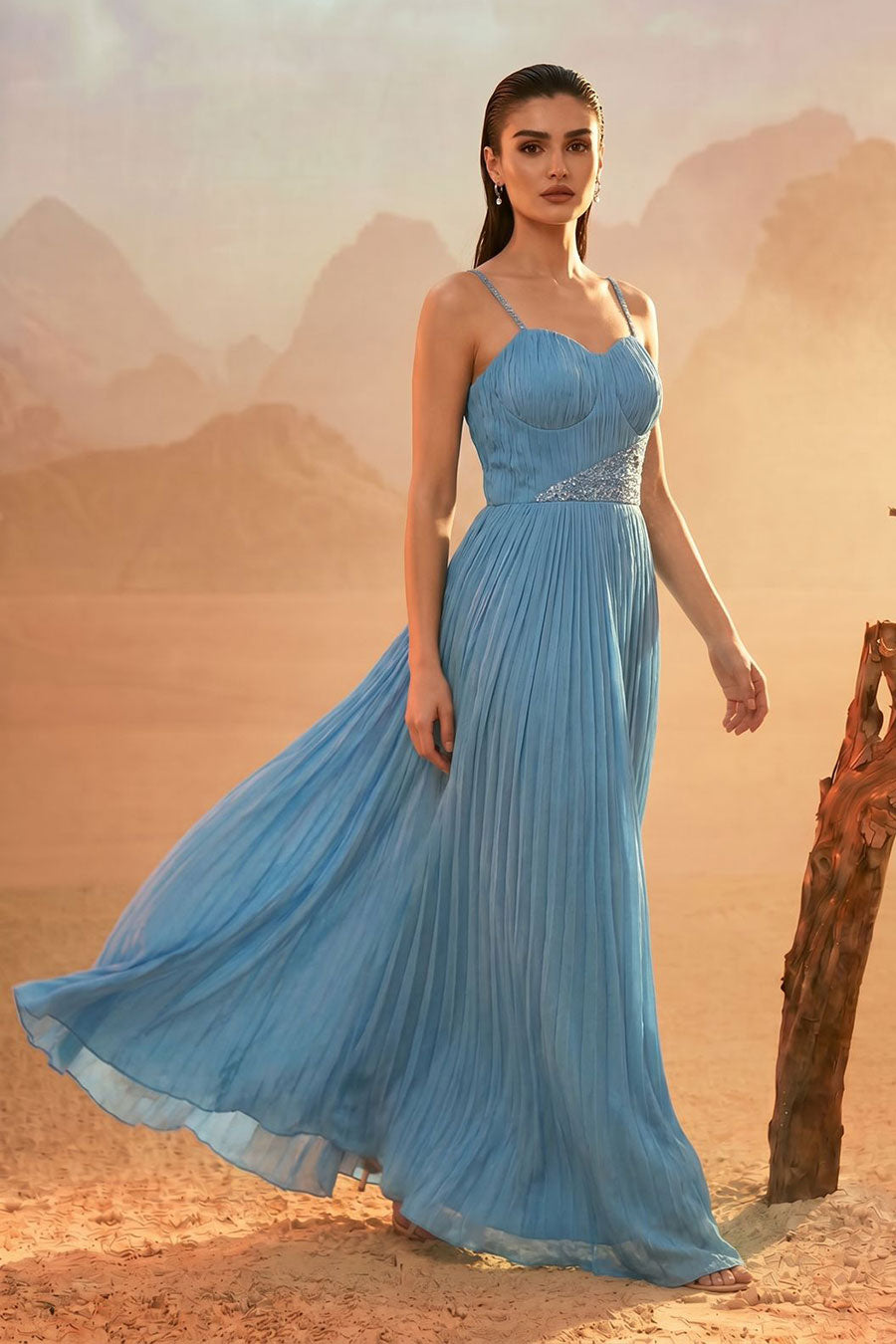 Sky Blue Embroidered Pleated Gown