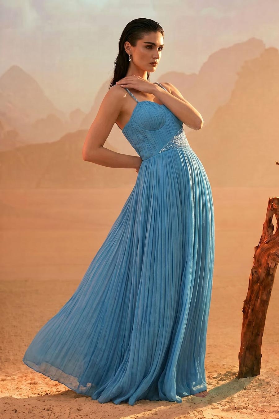 Sky Blue Embroidered Pleated Gown