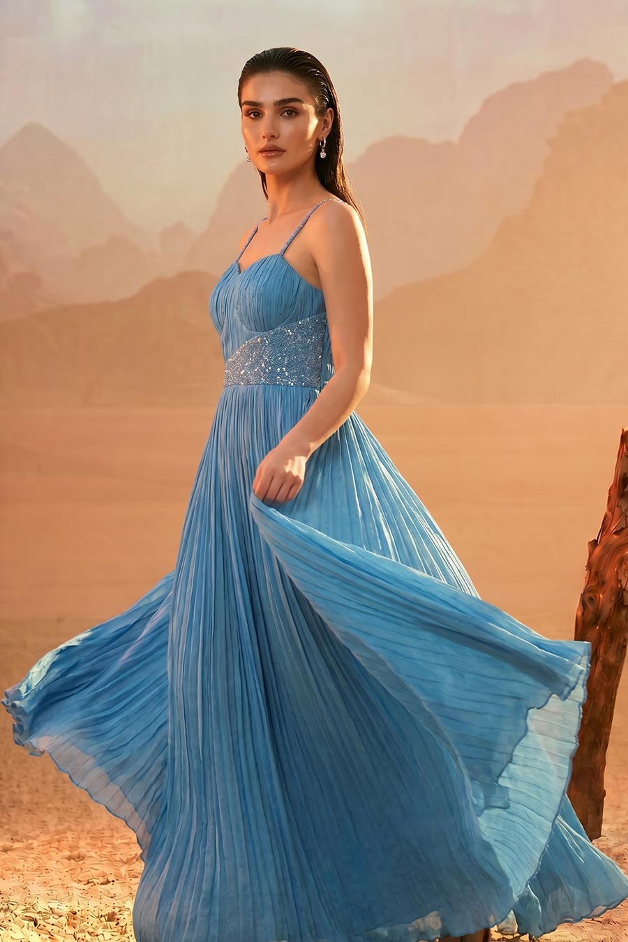 Sky Blue Embroidered Pleated Gown