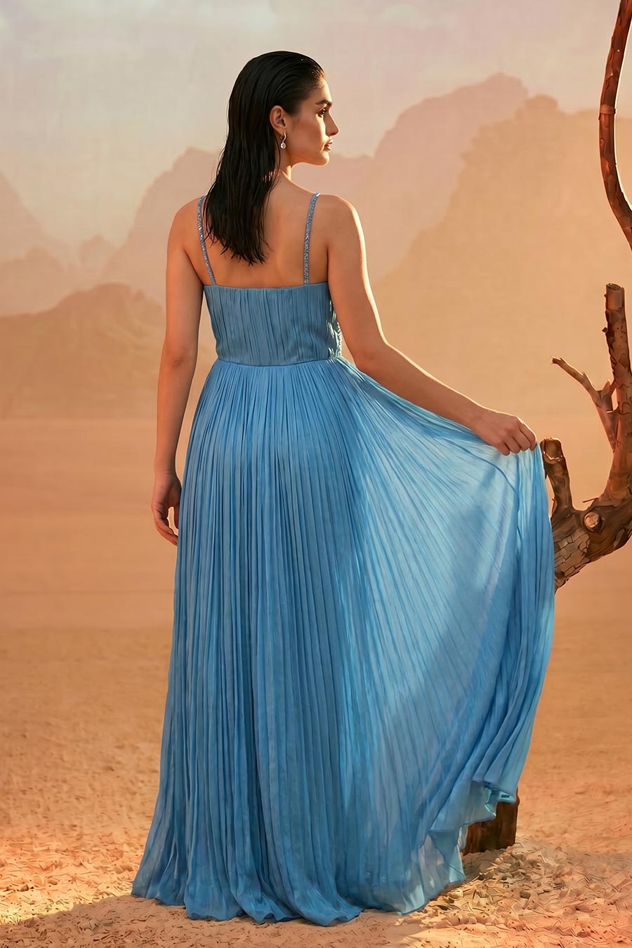 Sky Blue Embroidered Pleated Gown