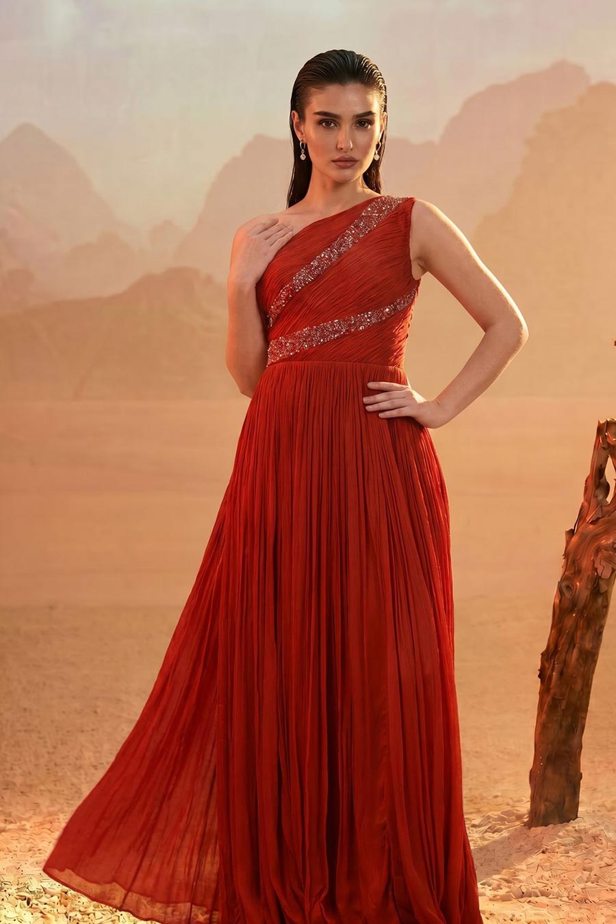 Rust Orange Embroidered One-Shoulder Pleated Gown
