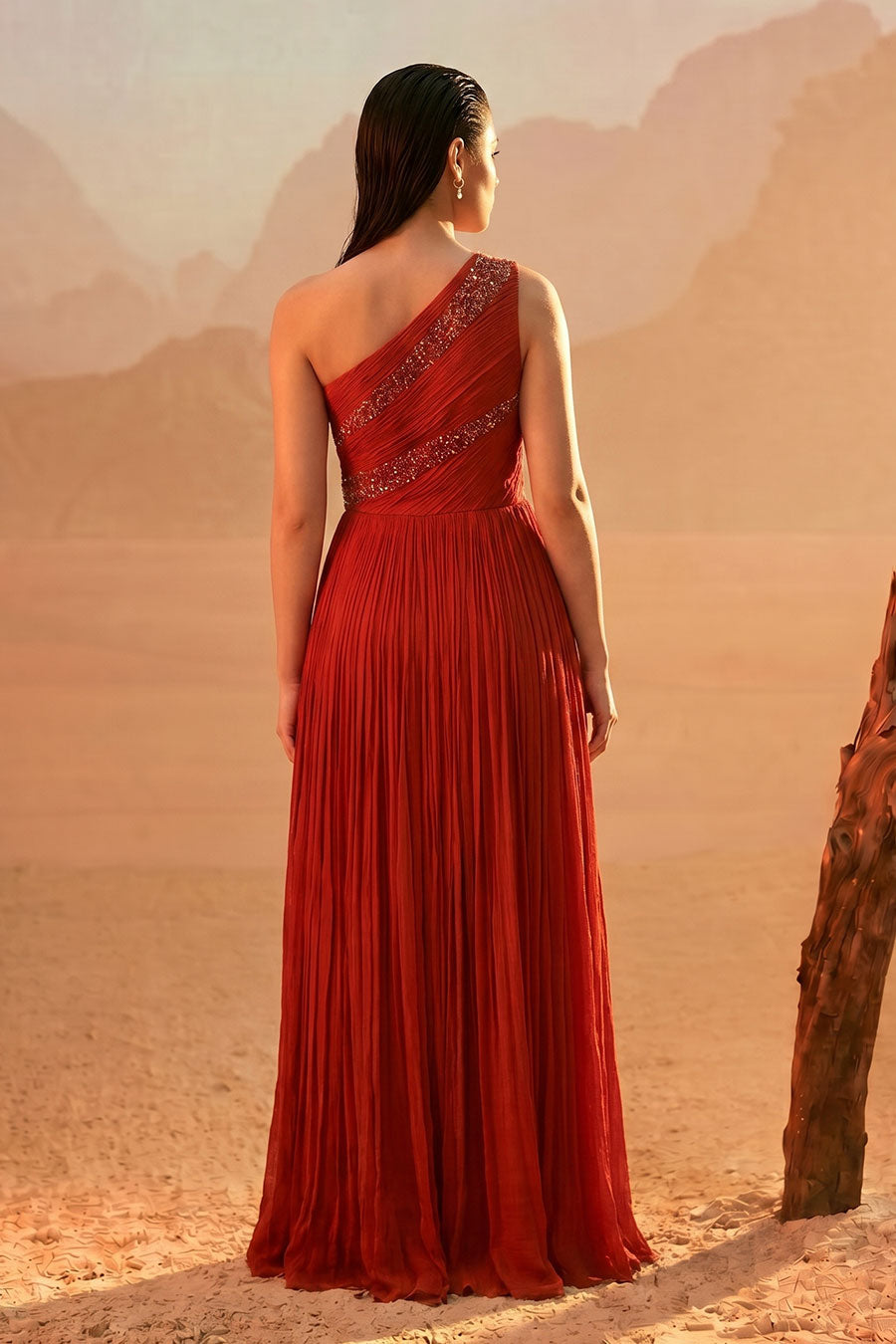 Rust Orange Embroidered One-Shoulder Pleated Gown