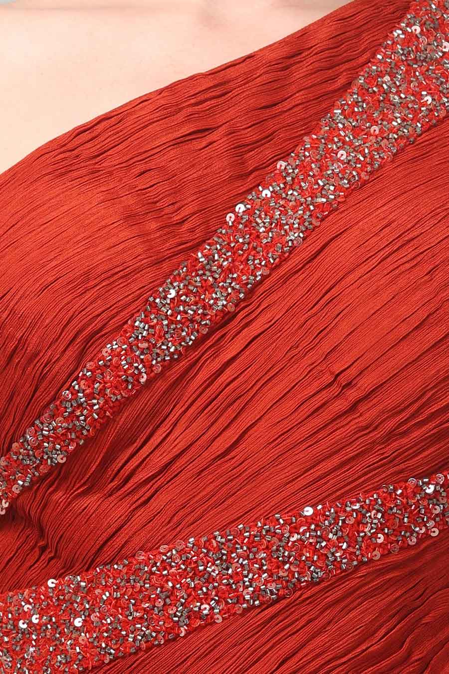 Rust Orange Embroidered One-Shoulder Pleated Gown