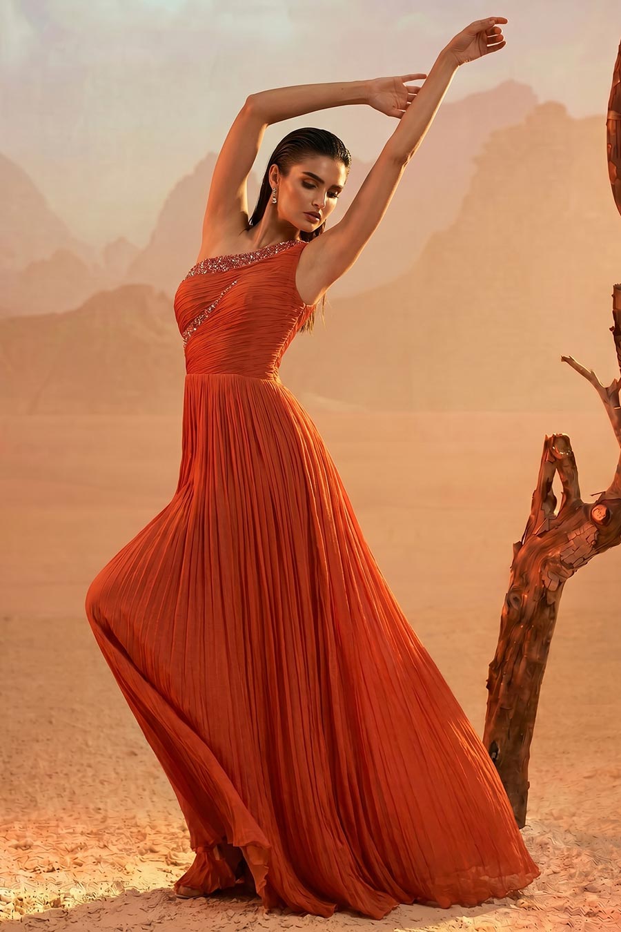 Orange Embroidered One-Shoulder Pleated Gown