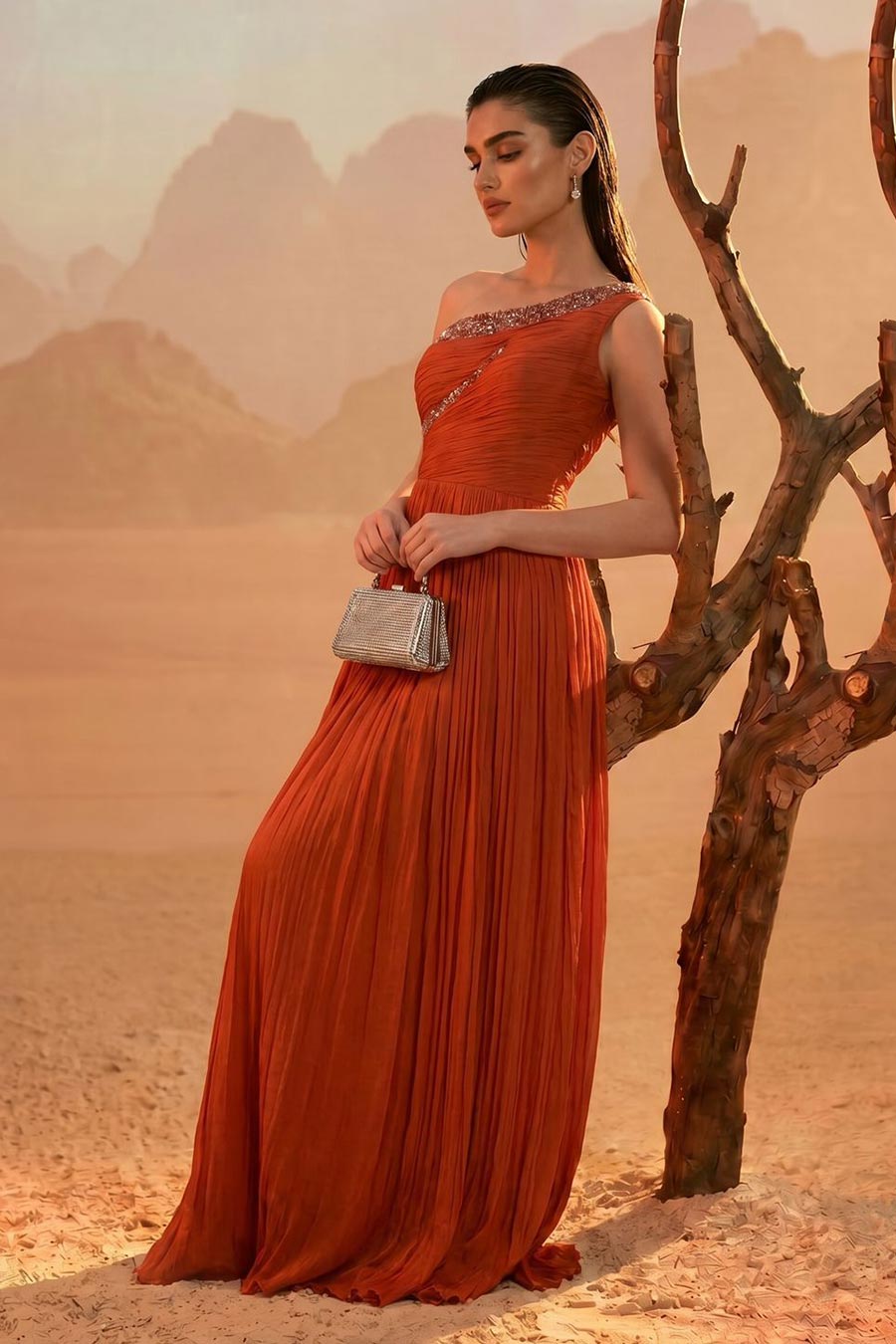 Orange Embroidered One-Shoulder Pleated Gown
