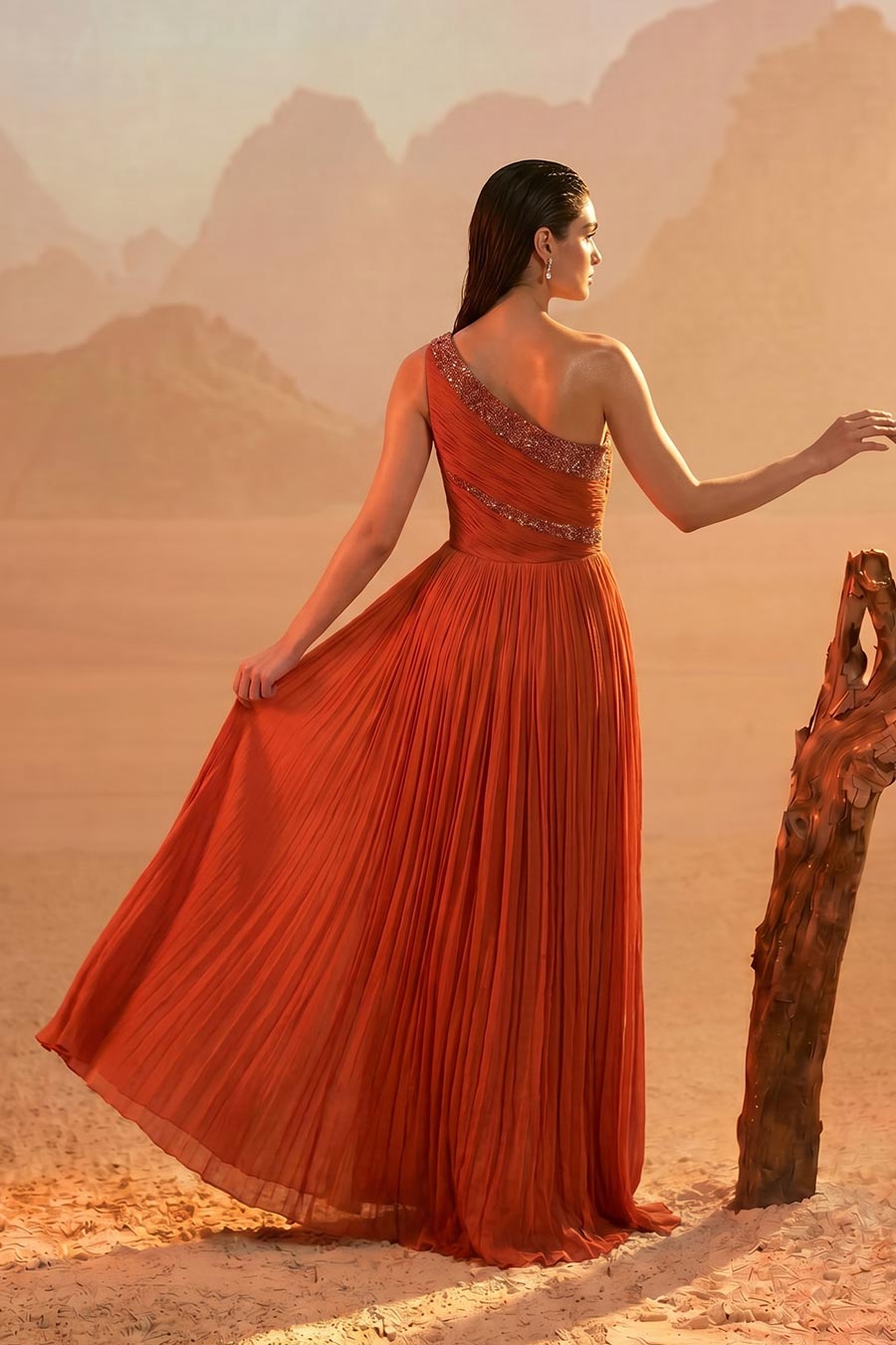 Orange Embroidered One-Shoulder Pleated Gown