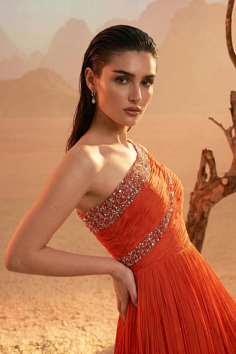 Orange Embroidered One-Shoulder Pleated Gown