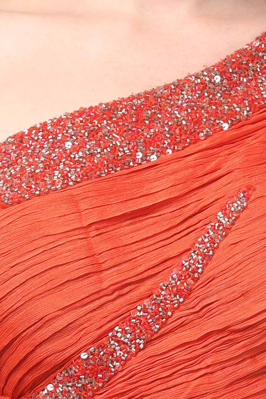 Orange Embroidered One-Shoulder Pleated Gown