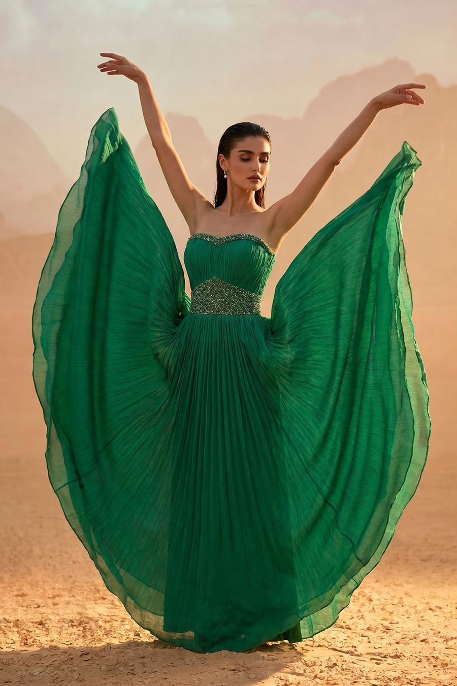 Emerald Green Embroidered Off-Shoulder Pleated Gown