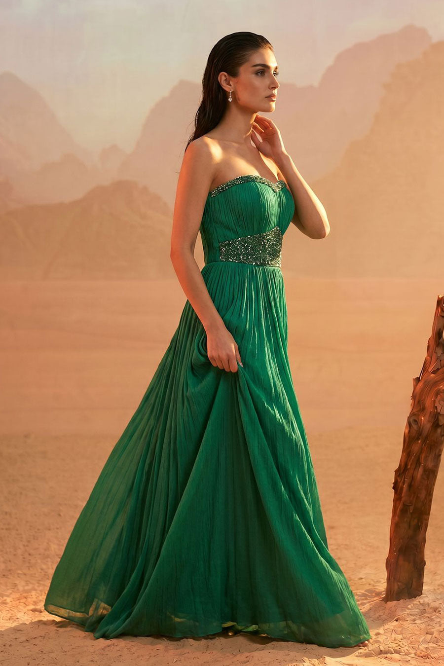 Emerald Green Embroidered Off-Shoulder Pleated Gown