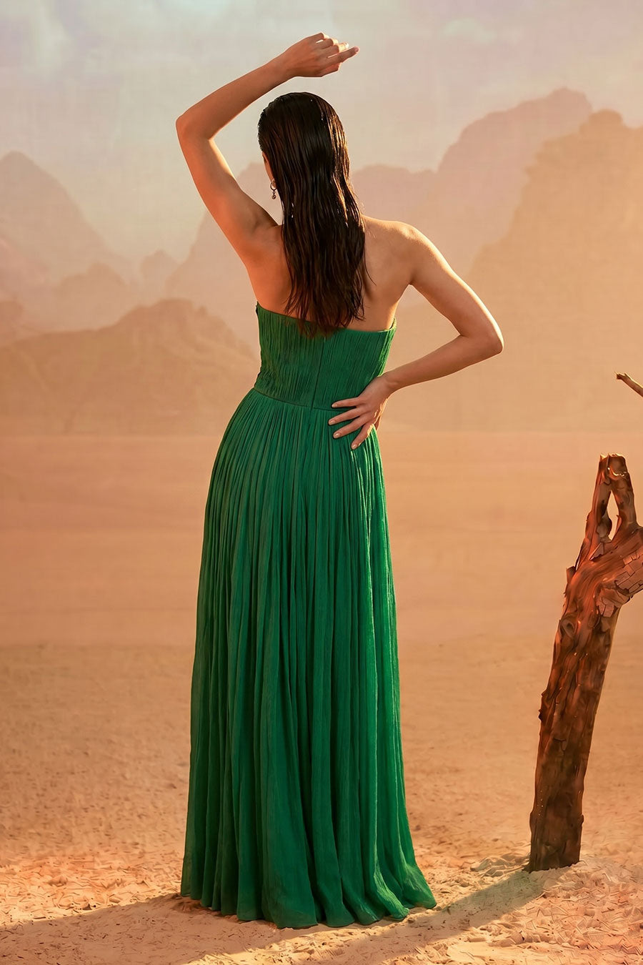 Emerald Green Embroidered Off-Shoulder Pleated Gown