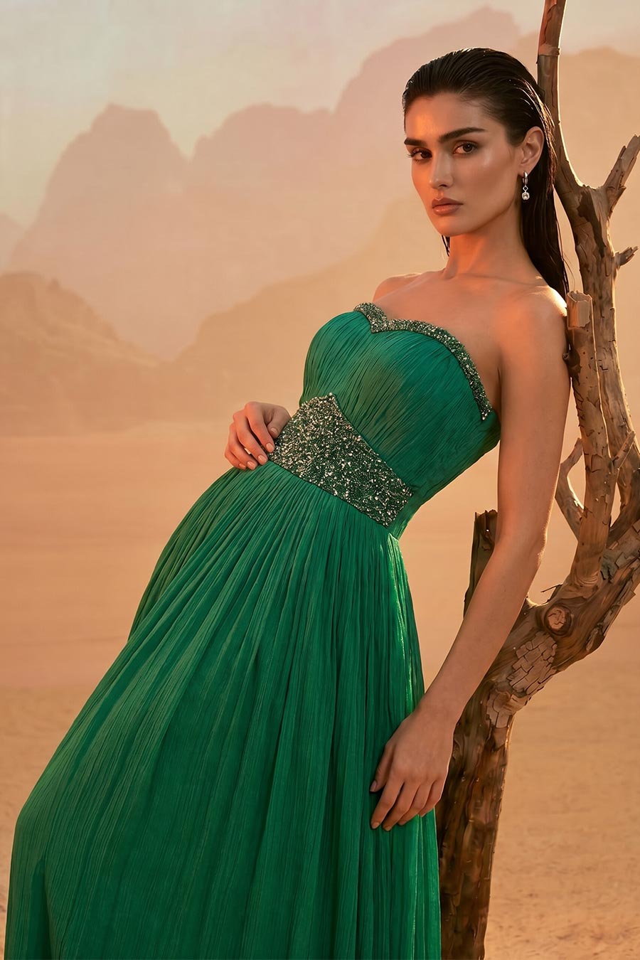 Emerald Green Embroidered Off-Shoulder Pleated Gown
