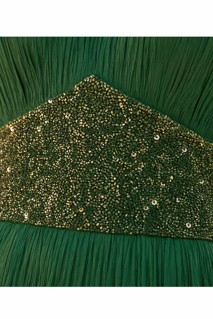 Emerald Green Embroidered Off-Shoulder Pleated Gown
