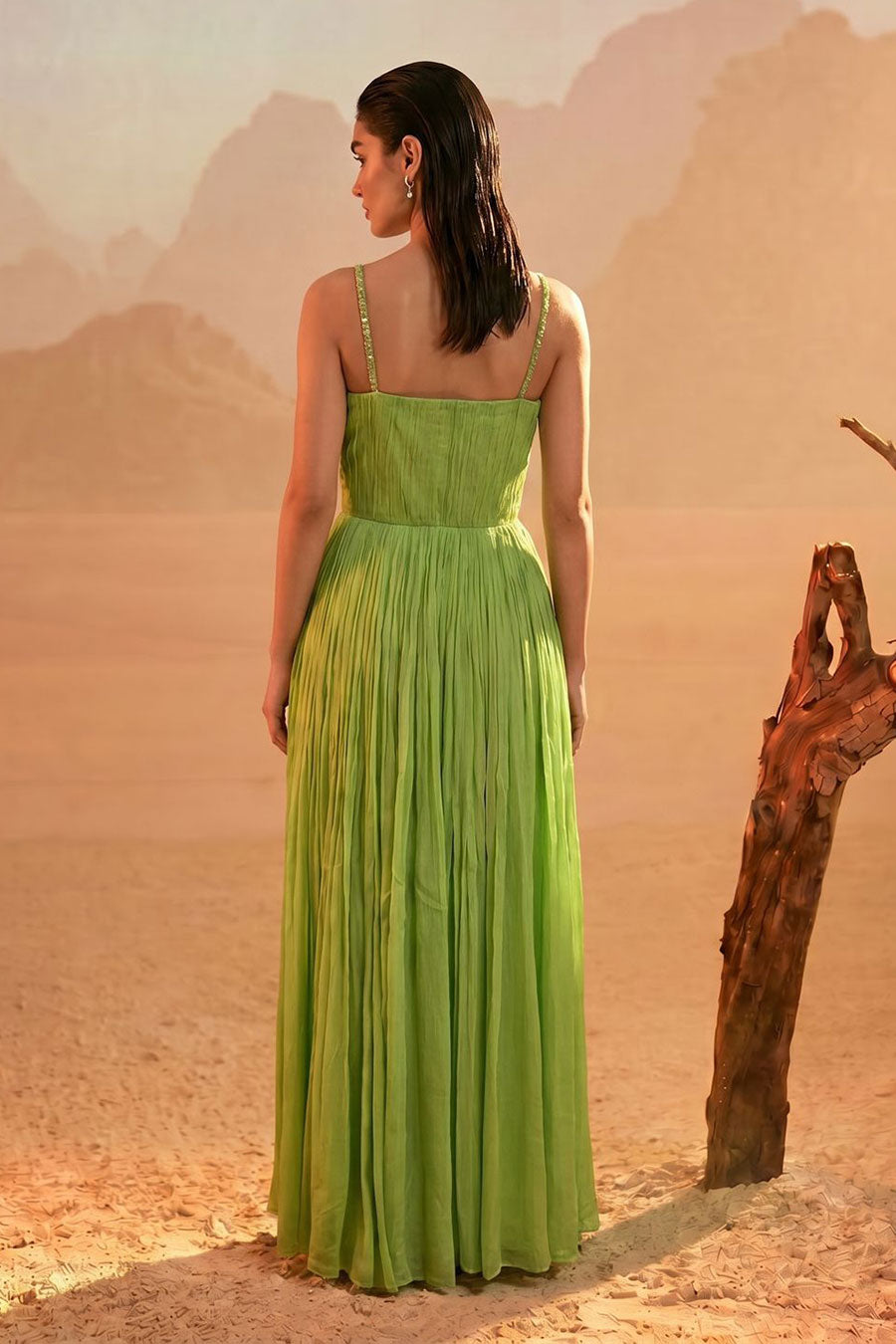 Tea Green Embroidered Pleated Gown