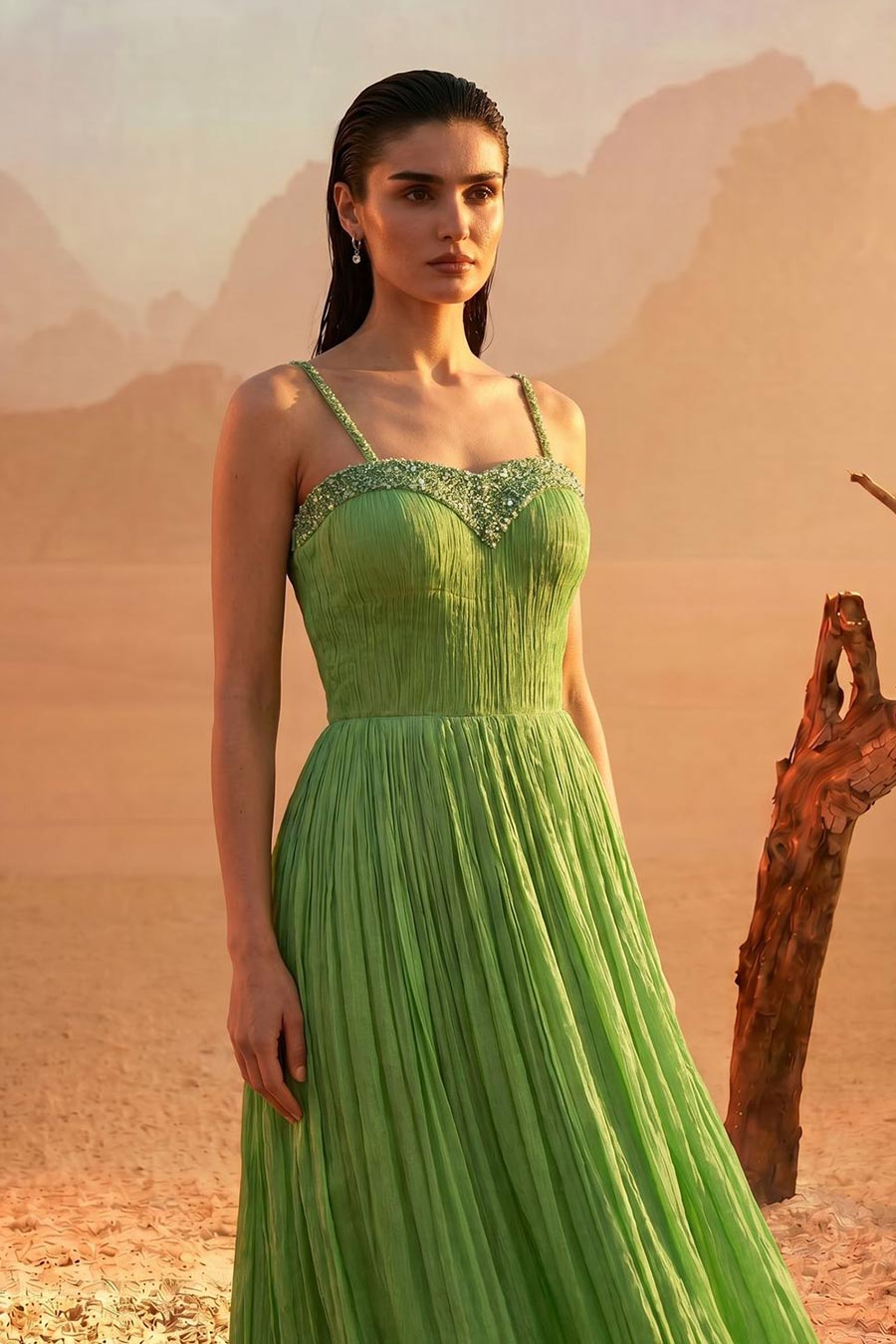 Tea Green Embroidered Pleated Gown