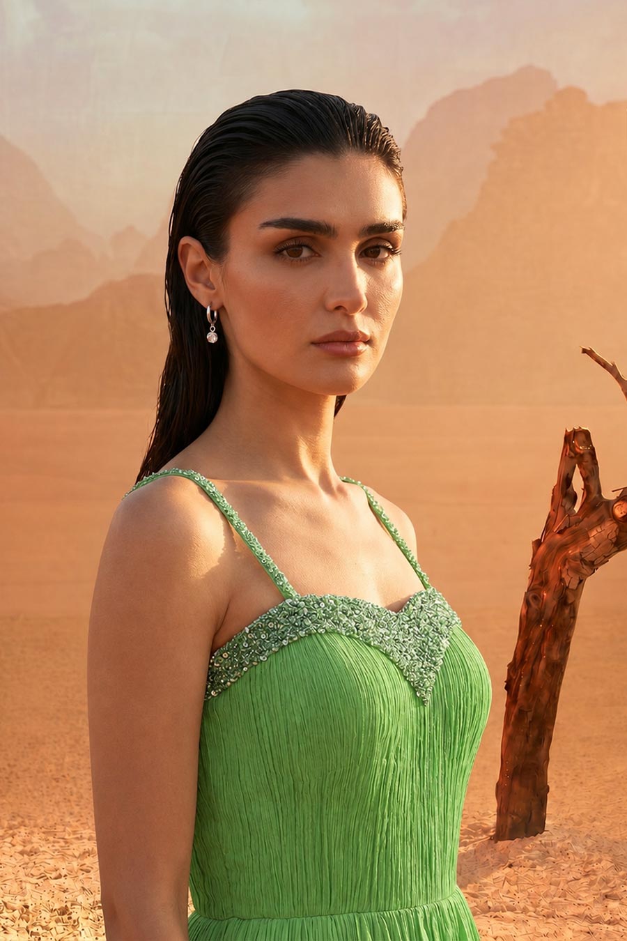Tea Green Embroidered Pleated Gown
