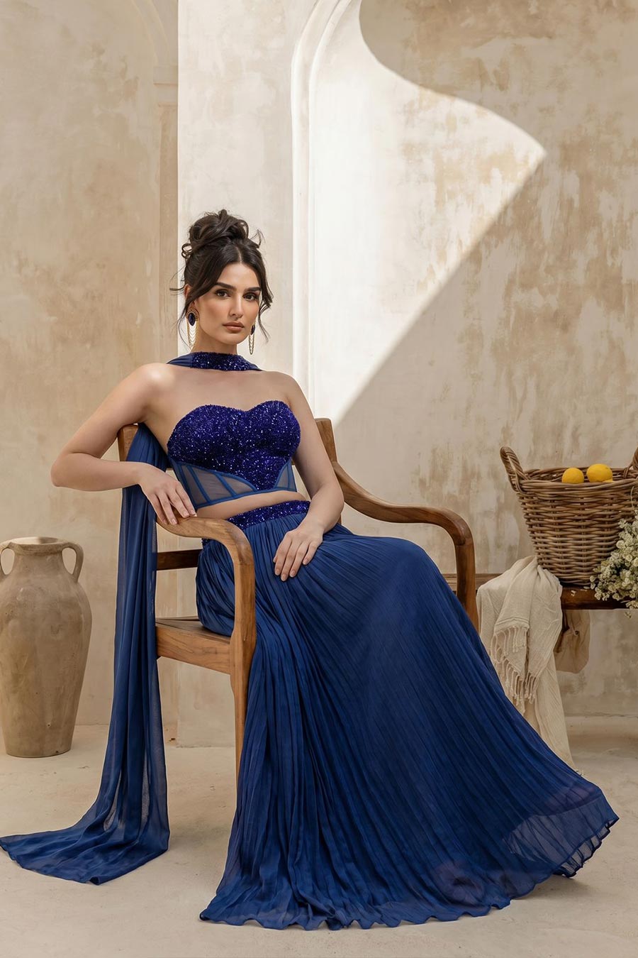 Blue Embroidered Corset & Skirt Set With Dupatta