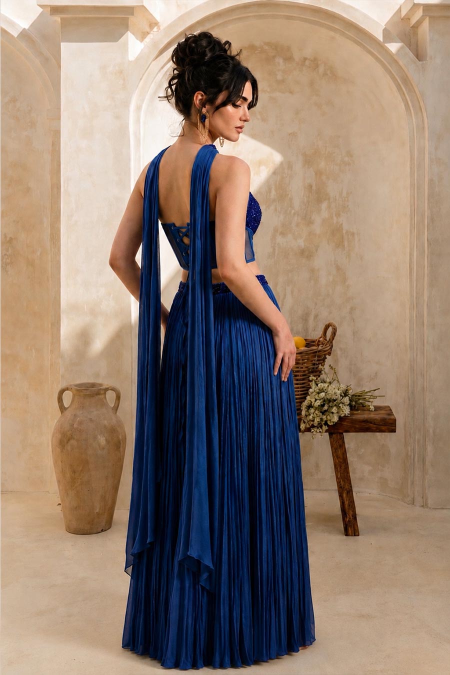 Blue Embroidered Corset & Skirt Set With Dupatta