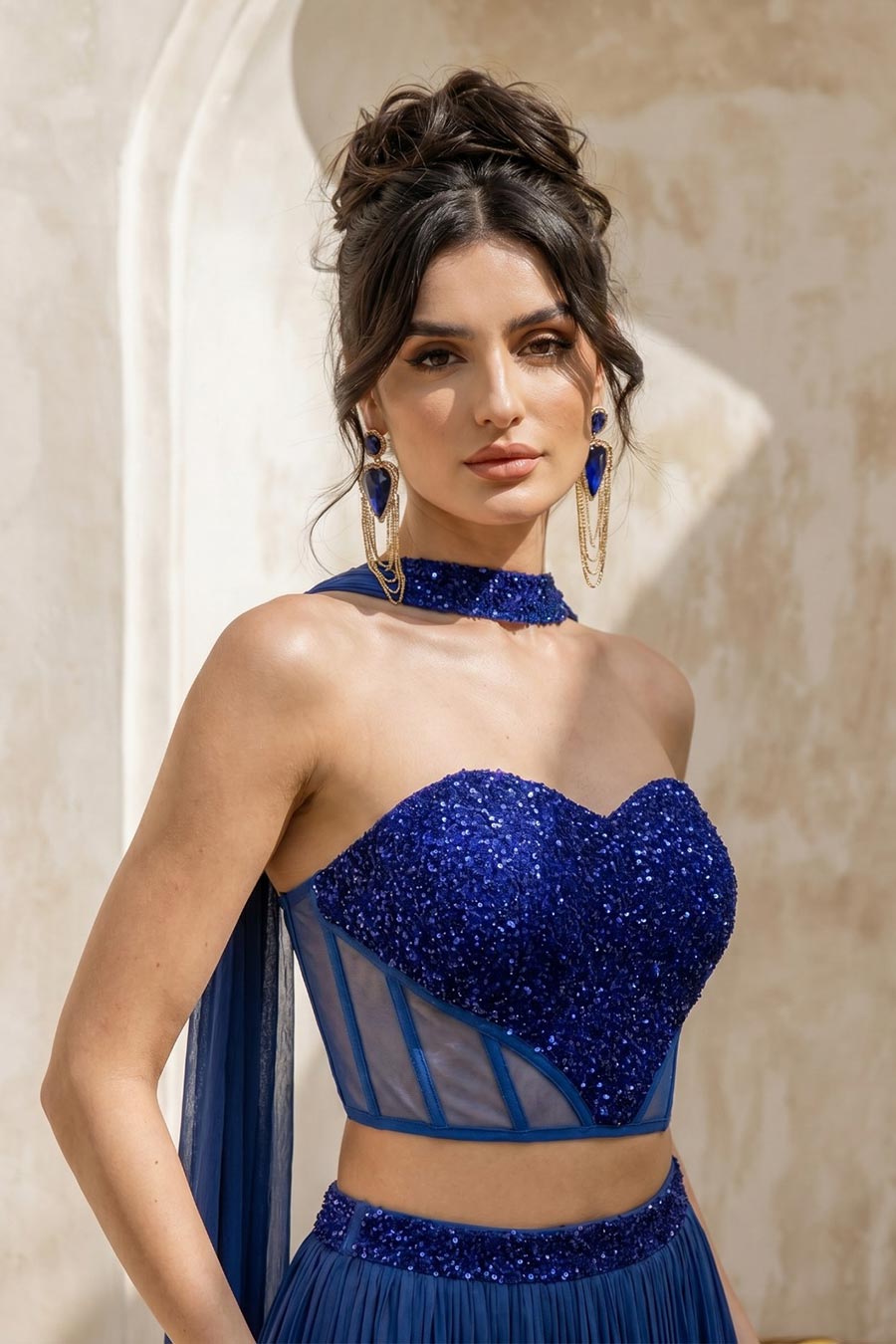 Blue Embroidered Corset & Skirt Set With Dupatta
