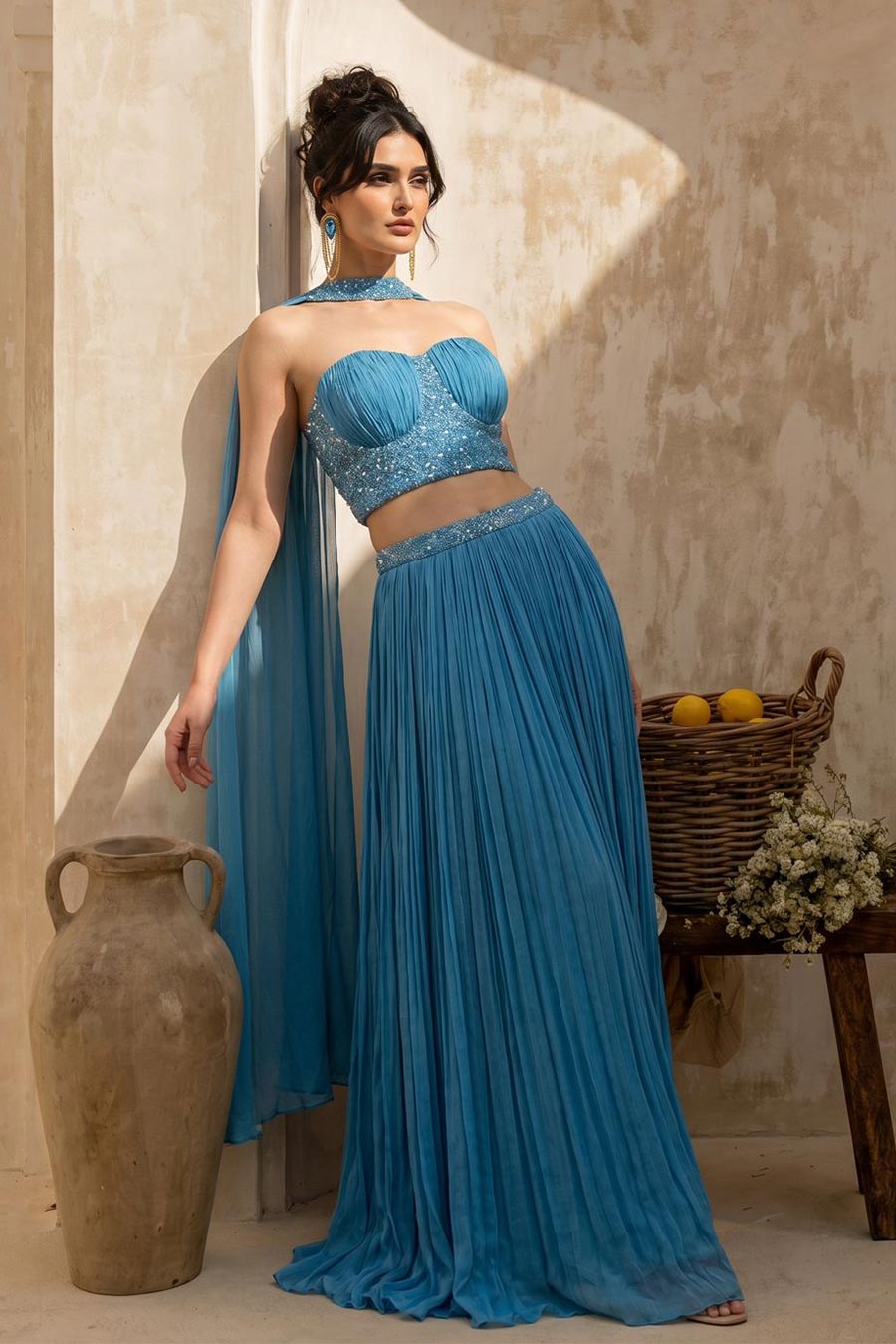 Sky Blue Embroidered Corset & Skirt Set With Dupatta