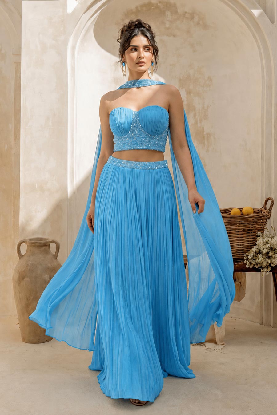 Sky Blue Embroidered Corset & Skirt Set With Dupatta