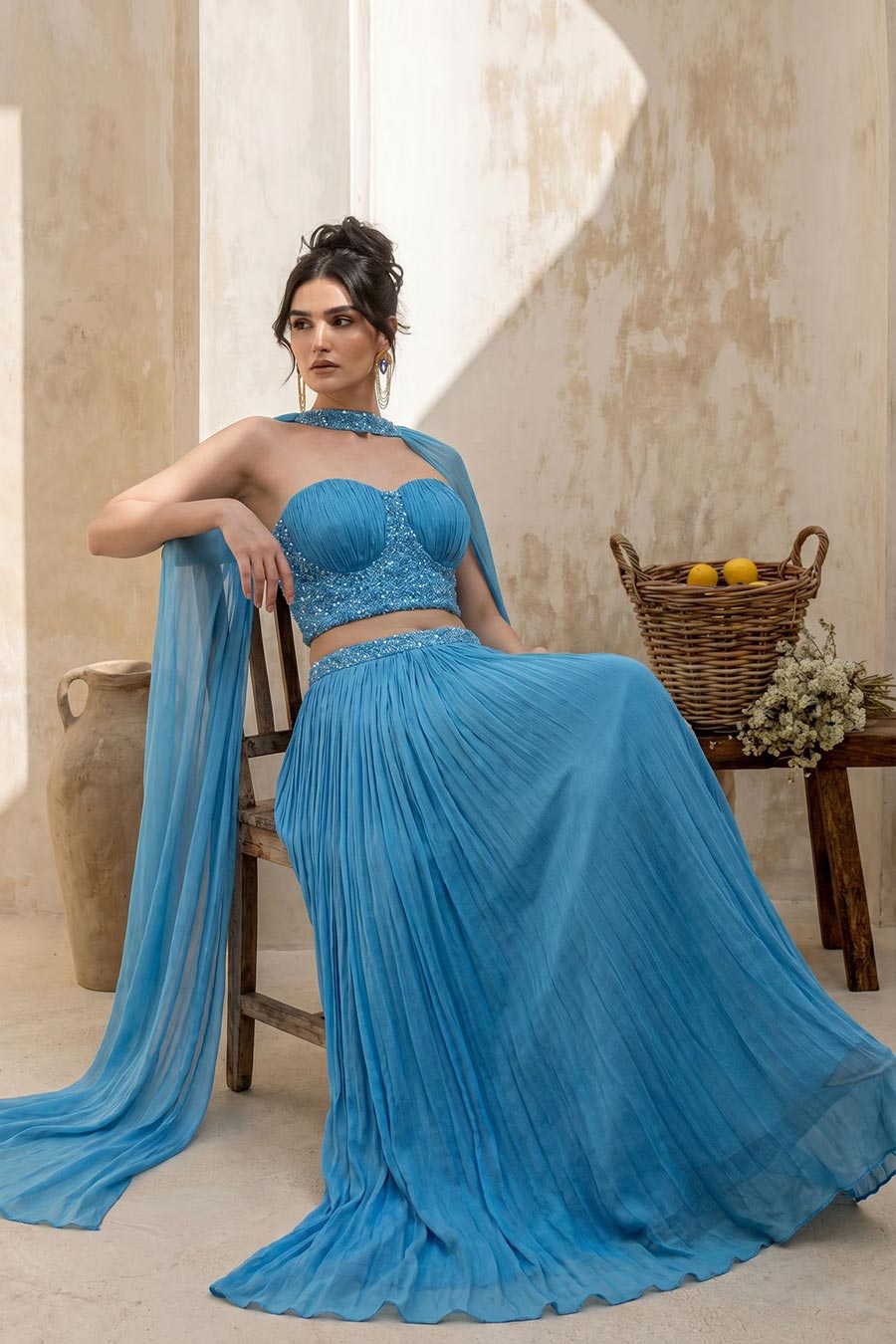 Sky Blue Embroidered Corset & Skirt Set With Dupatta