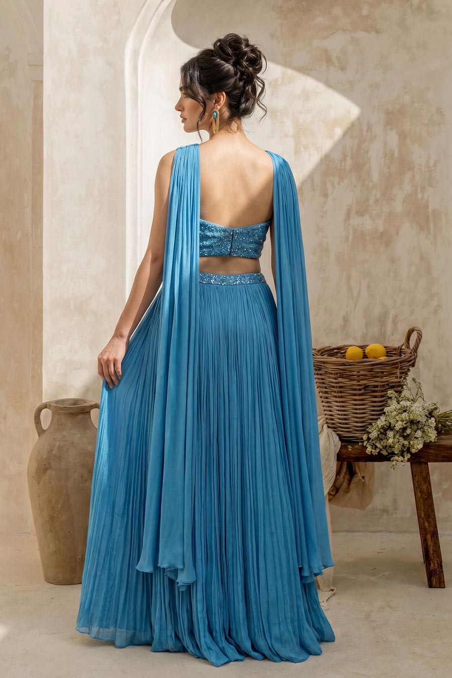 Sky Blue Embroidered Corset & Skirt Set With Dupatta