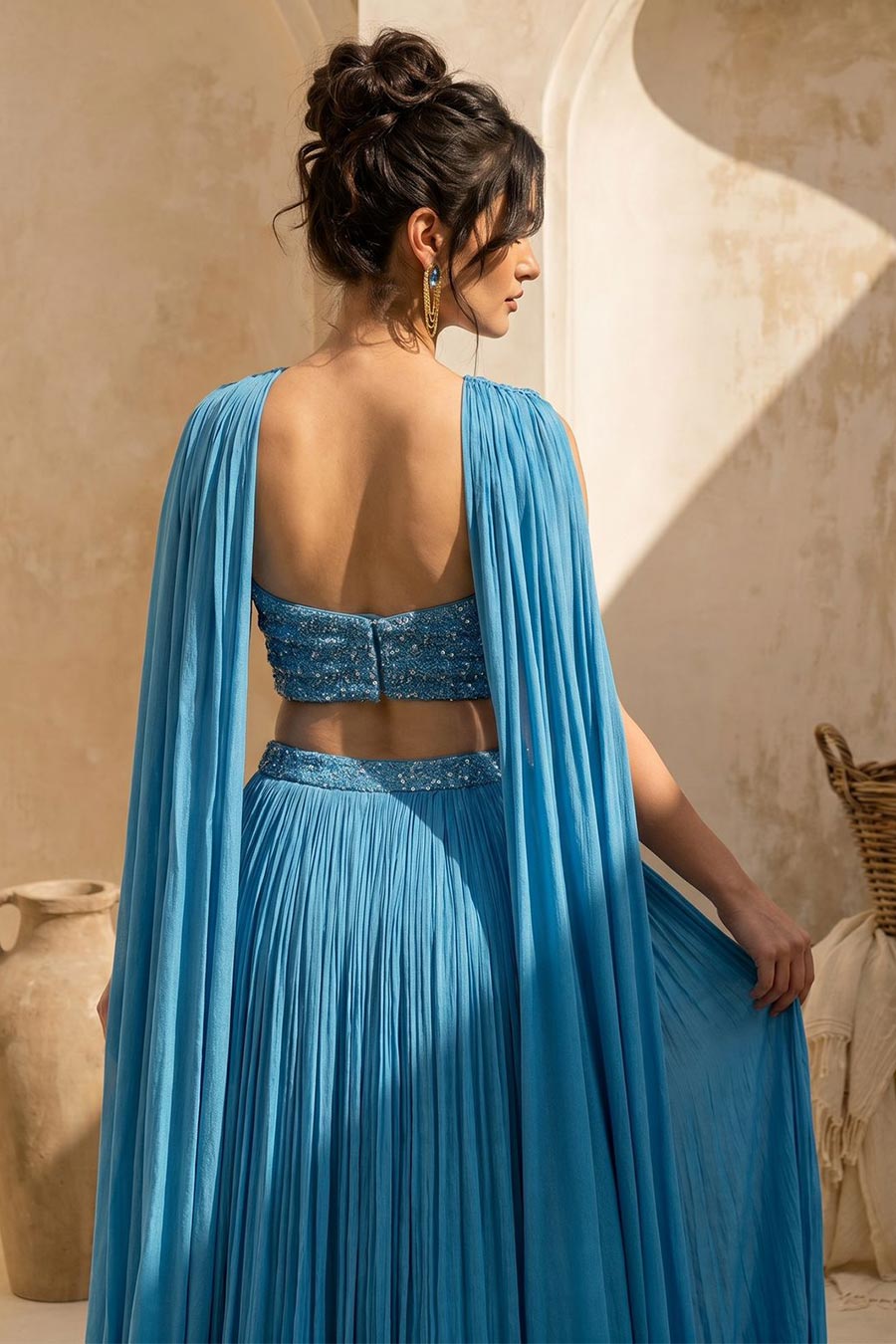 Sky Blue Embroidered Corset & Skirt Set With Dupatta