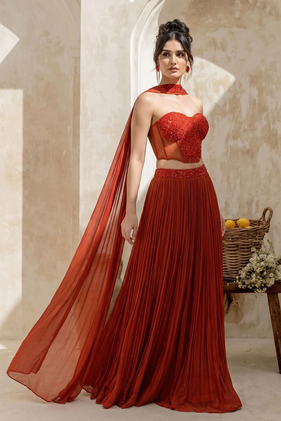 Rust Orange Embroidered Corset & Skirt Set With Dupatta