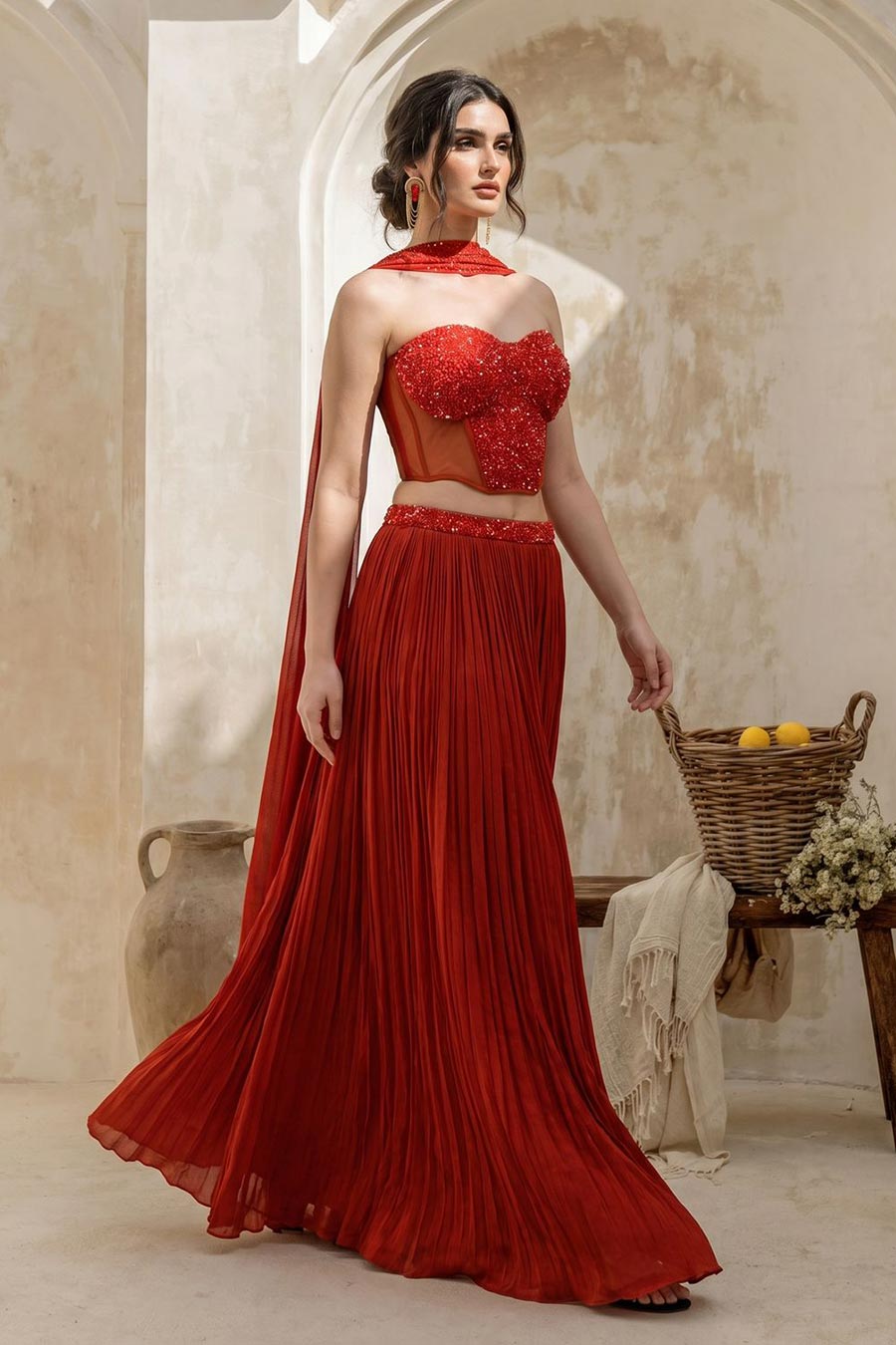 Rust Orange Embroidered Corset & Skirt Set With Dupatta
