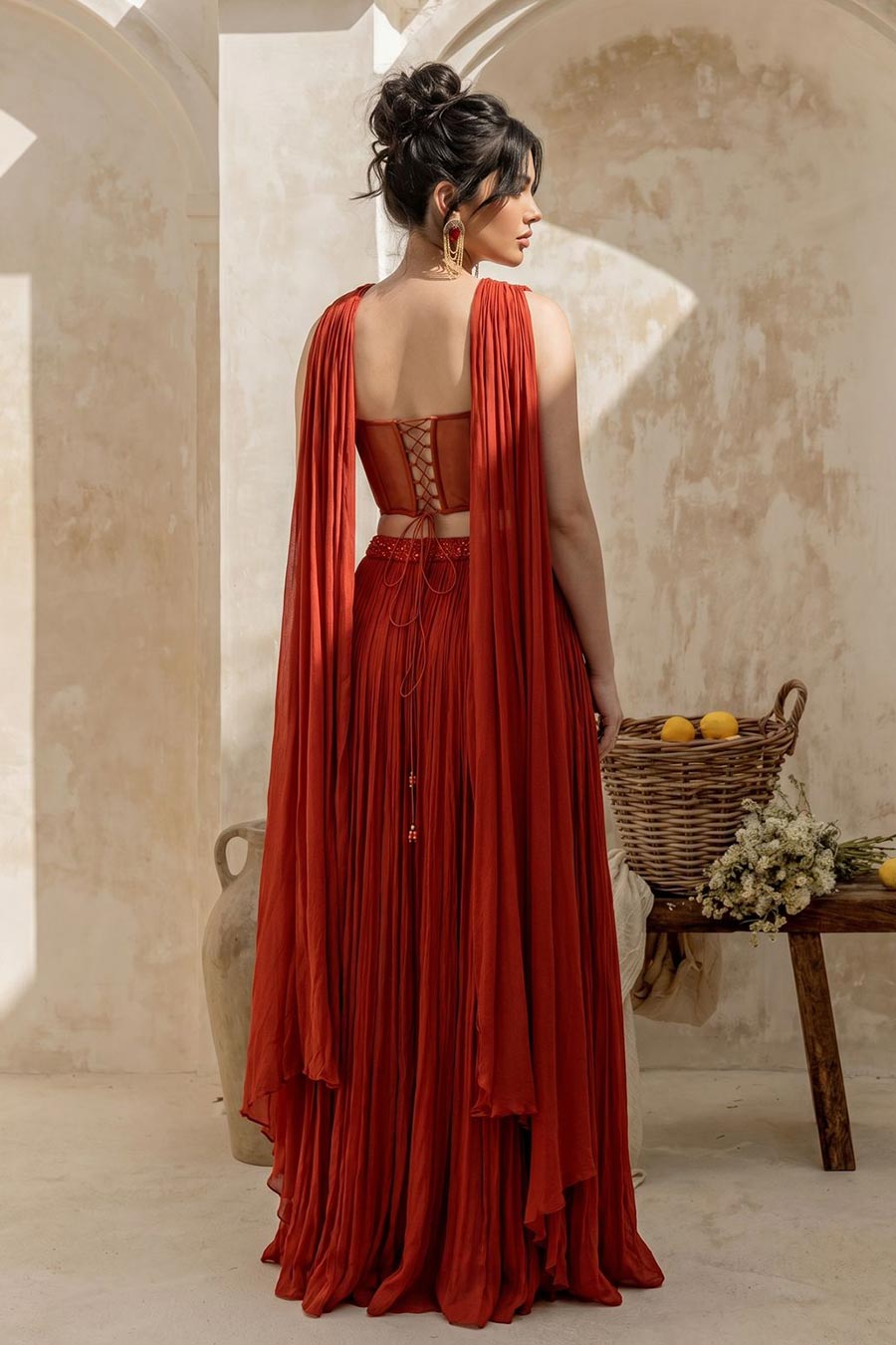 Rust Orange Embroidered Corset & Skirt Set With Dupatta