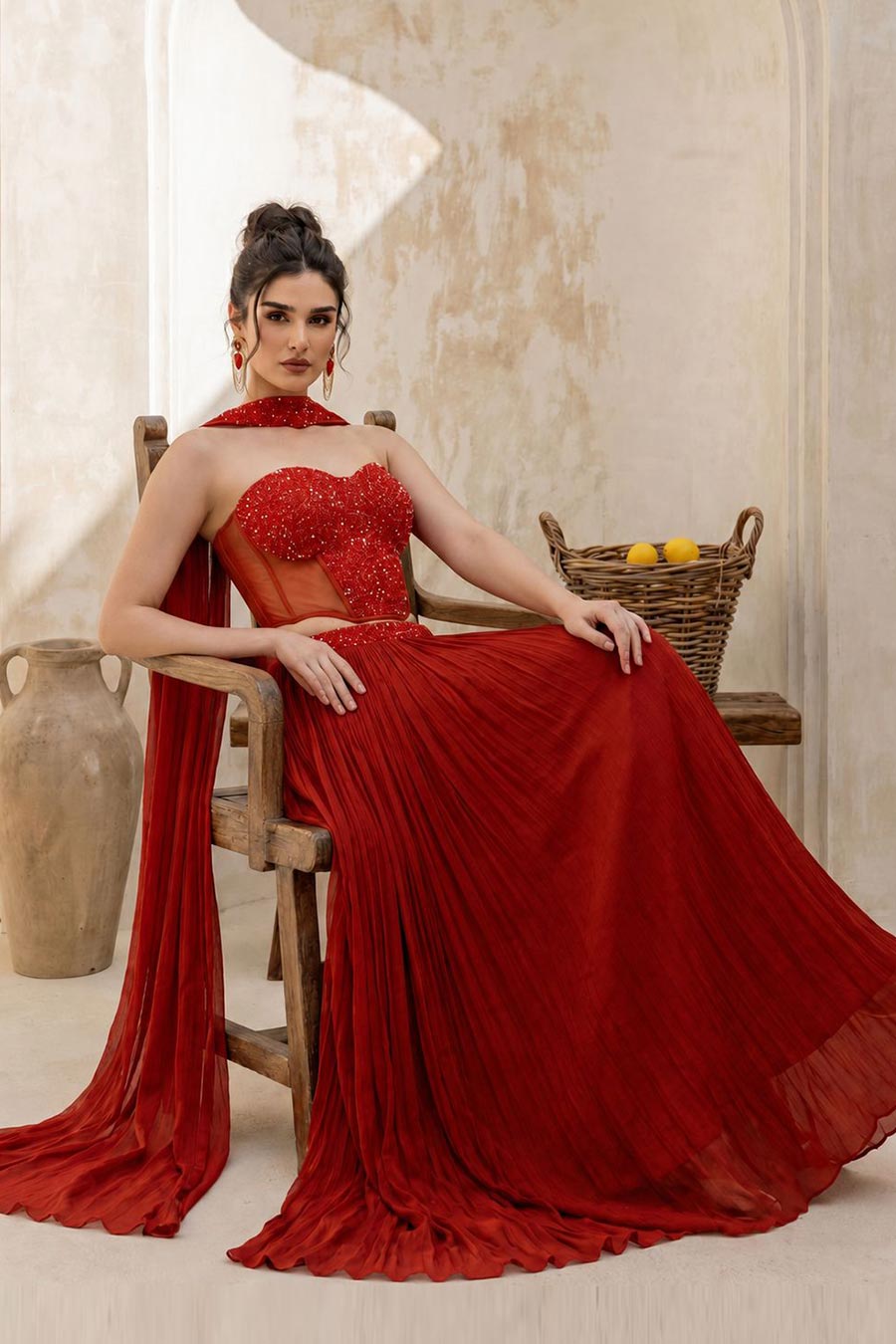 Rust Orange Embroidered Corset & Skirt Set With Dupatta